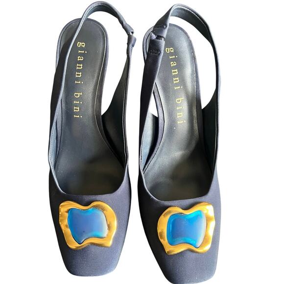 Gianni Bini Jenna Square Toe Jewel Gold Ornament High Heel Shoes Blue  Size 8 - Picture 3 of 6
